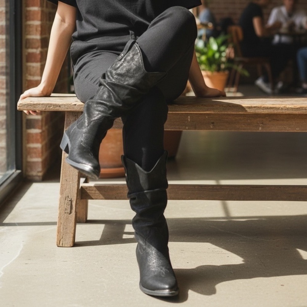 American Rag Black‎ Western Cowboy Boots  Ruched Slouchy Block Heel Ankle Boot
